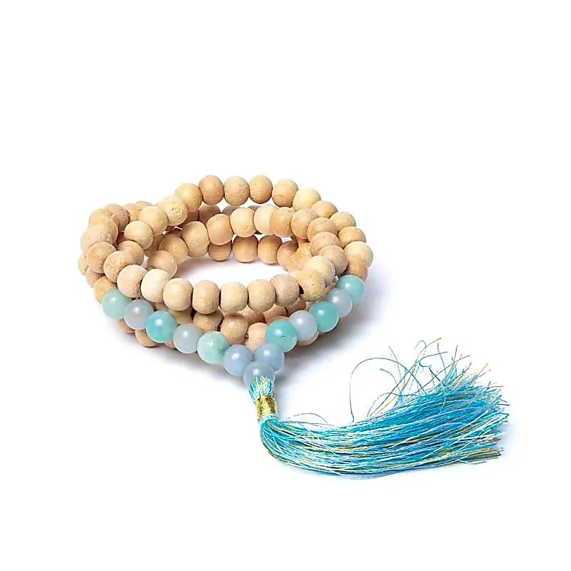 Mala Tibetano Tulsi con 108 perle in Angelite e Amazzonite da 8mm - Lunghezza ± 35cm