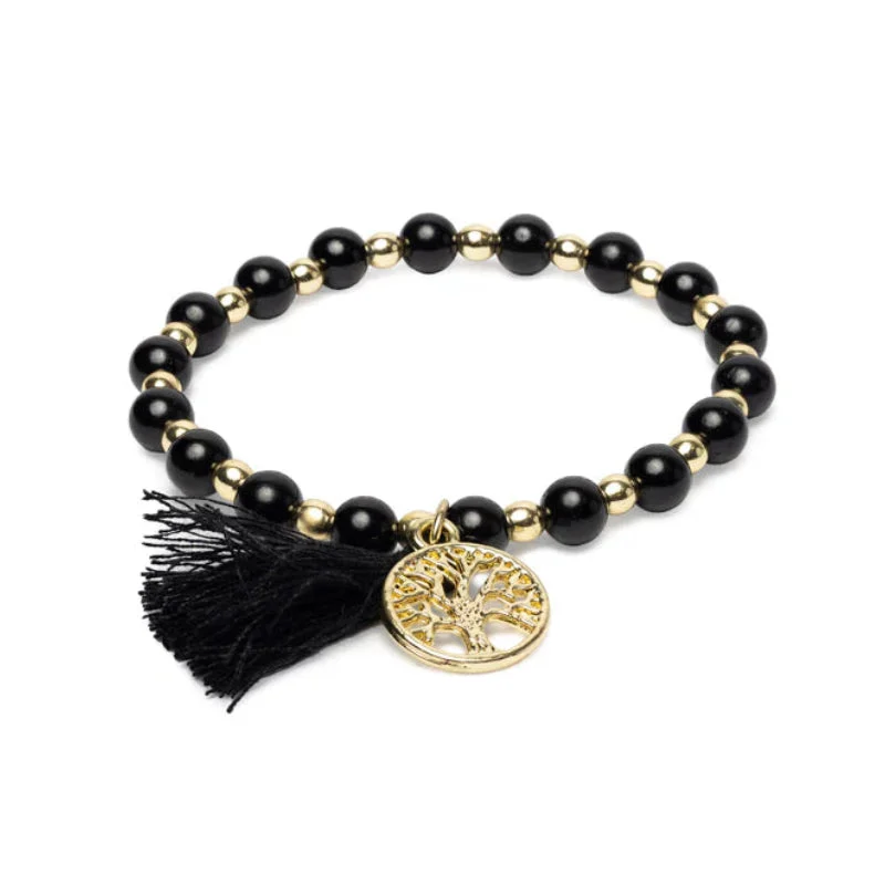 Bracciale Tormalina Nera con Albero della Vita e Nappina - 6mm