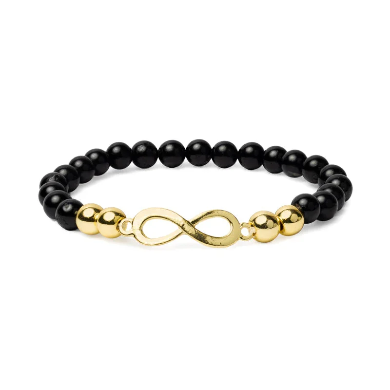 Bracciale Tormalina Nera con Simbolo Infinito Dorato - 6mm