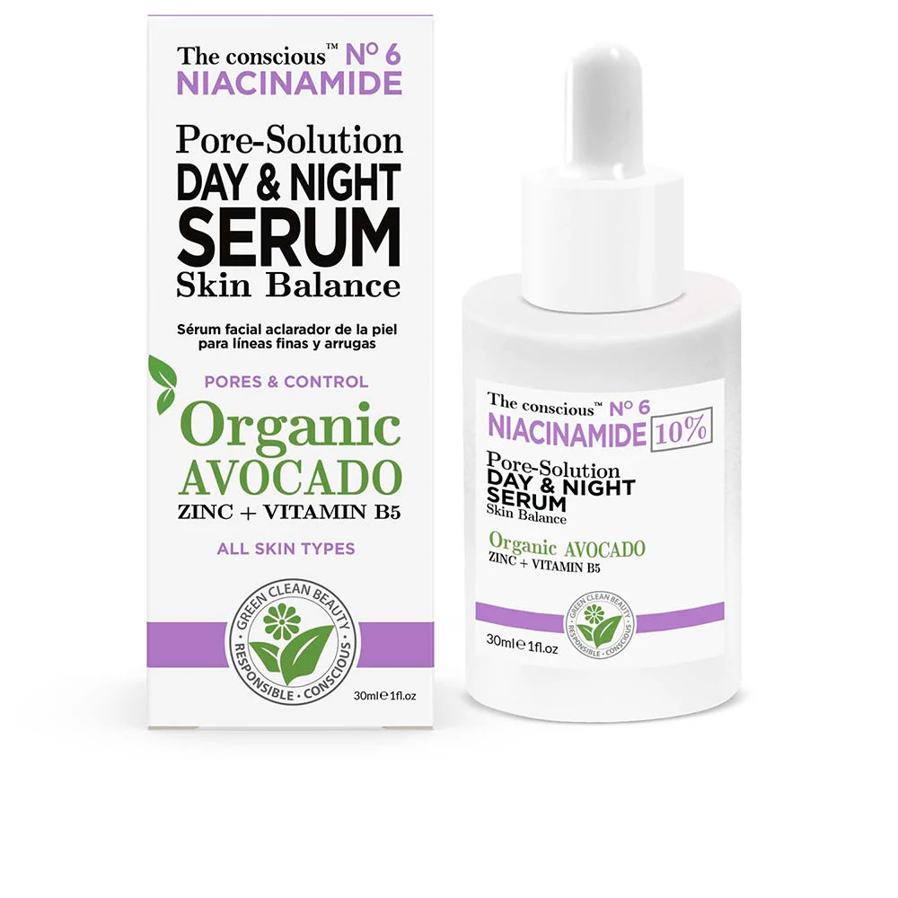 Siero giorno e notte alla niacinamide per la risoluzione dei pori, a base di avocado biologico.