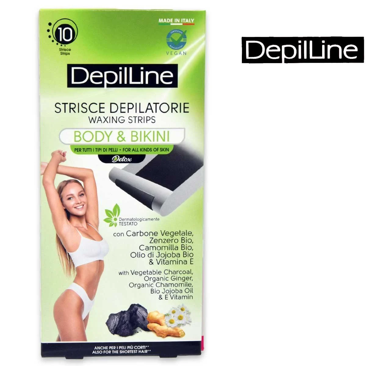 Depil line strisce depilatorie corpo/bikini c/carbone 10 pezzi
