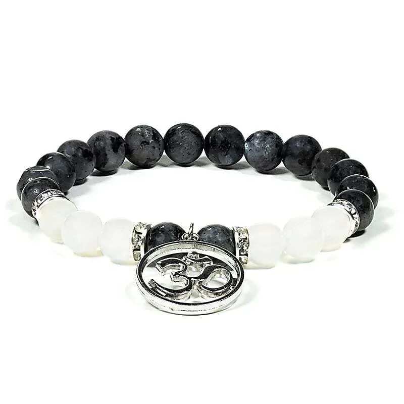 Braccialetto elastico in Labradorite ed Agata bianca con Ohm