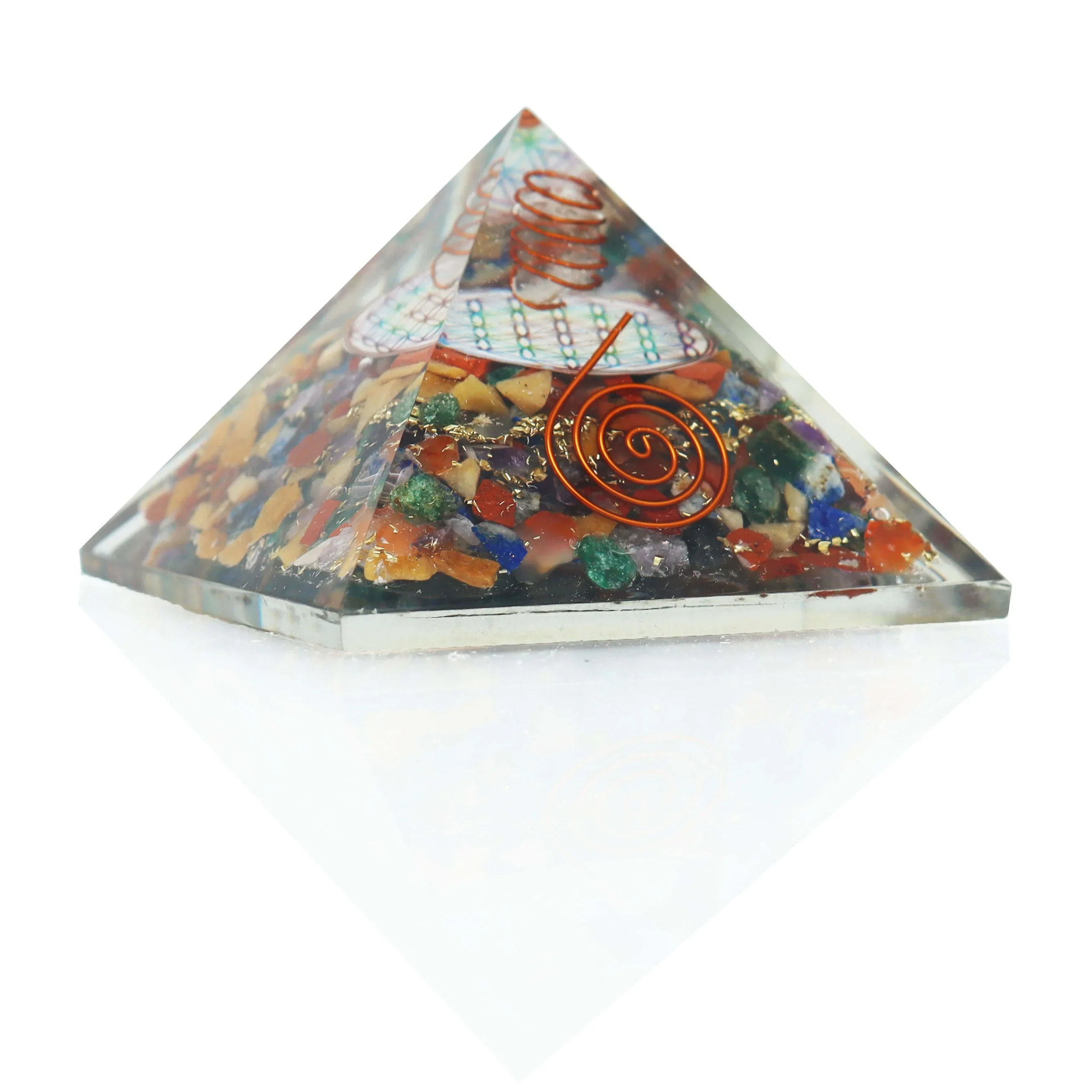 Piramide di Orgonite - Pietre dei 7 Chakra con Fiore della Vita