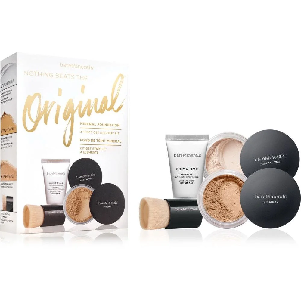 Nothing Beats The Original Set BareMinerals: Pennello per cipria fissante + Cipria fissante Abbronzatura dorata 2 g + Fondotinta liquido originale SPF 15 2 g + Primer per fondotinta vitamina E dorato
