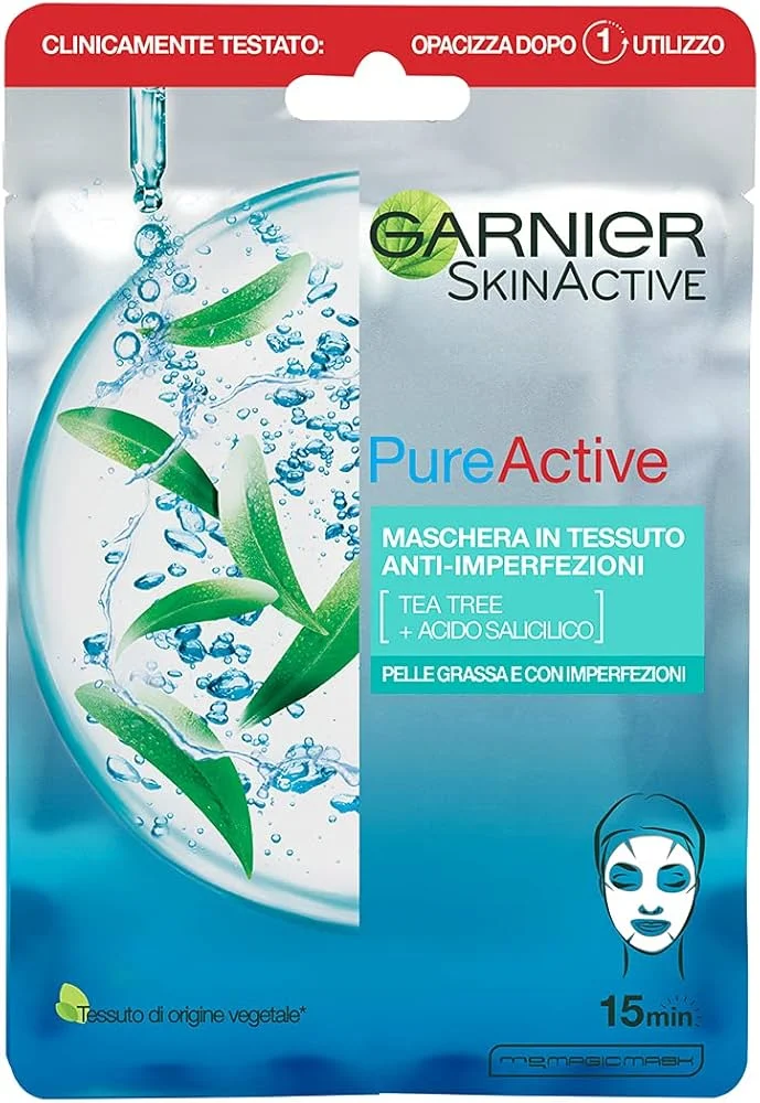 Garnier Skin Naturals Pure Active - Maschera idratante in tessuto contro le imperfezioni arricchita con tea tree e acido salicilico - 23,0 g