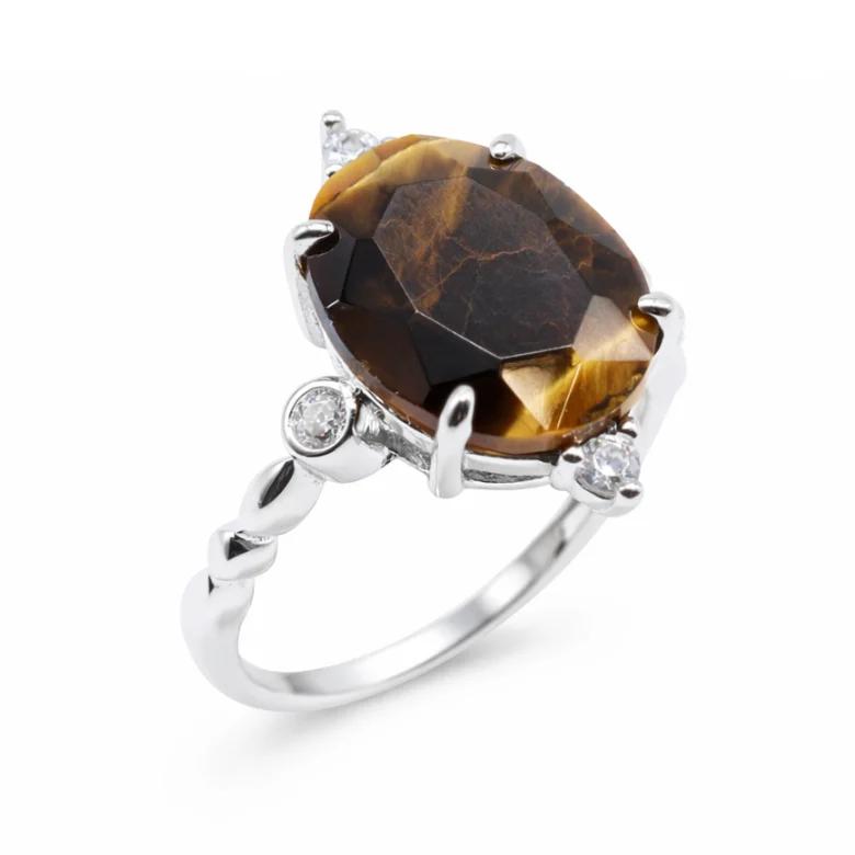 Anello in Argento 925 con Occhio di Tigre – Placcato Platino