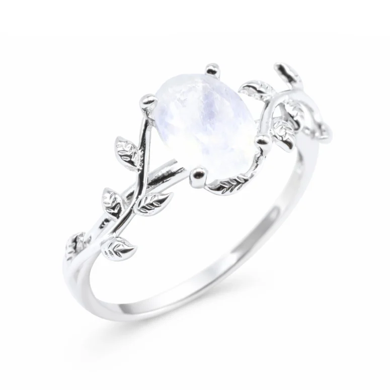 Anello “Sussurro di Alloro” in Argento 925 con Pietra di Luna – Placcato Platino