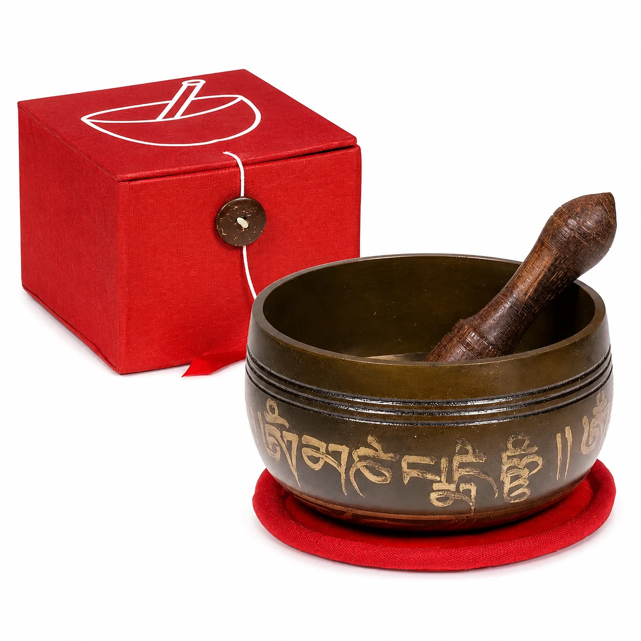 Campana Tibetana Om Set Regalo Rosso con Batacchio e Cuscino