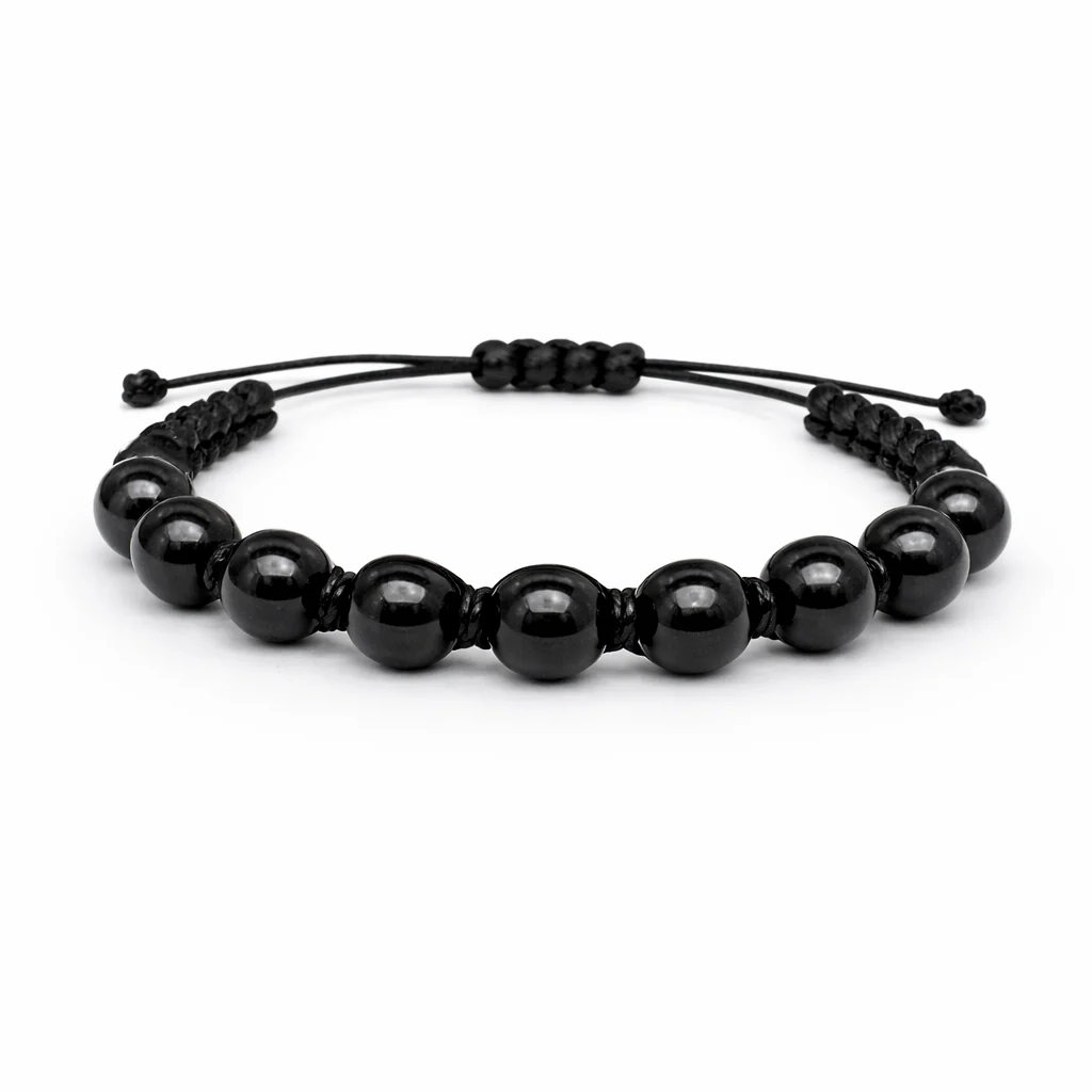 Bracciale artigianale in Tormalina Nera con Macramè - 8 mm