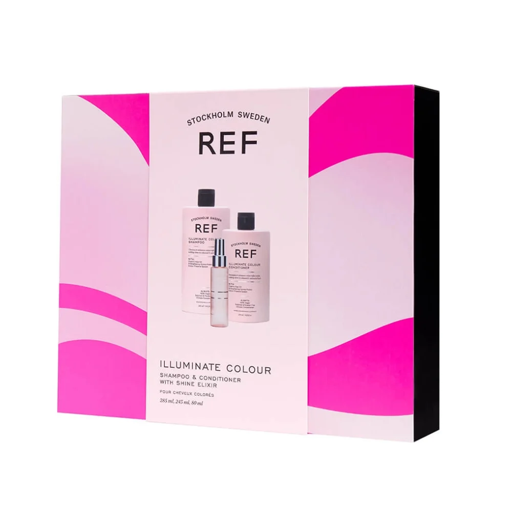 Cofanetto Regalo Rif Stoccolma: Shampoo Senza Solfati Illuminanti per Capelli per Rafforzare 285 ml + Balsamo Senza Solfati Illuminanti per Capelli Nutre e Migliora il Tono 245 ml + Elisir Lucido per Capelli Ammorbidente 80 ml
