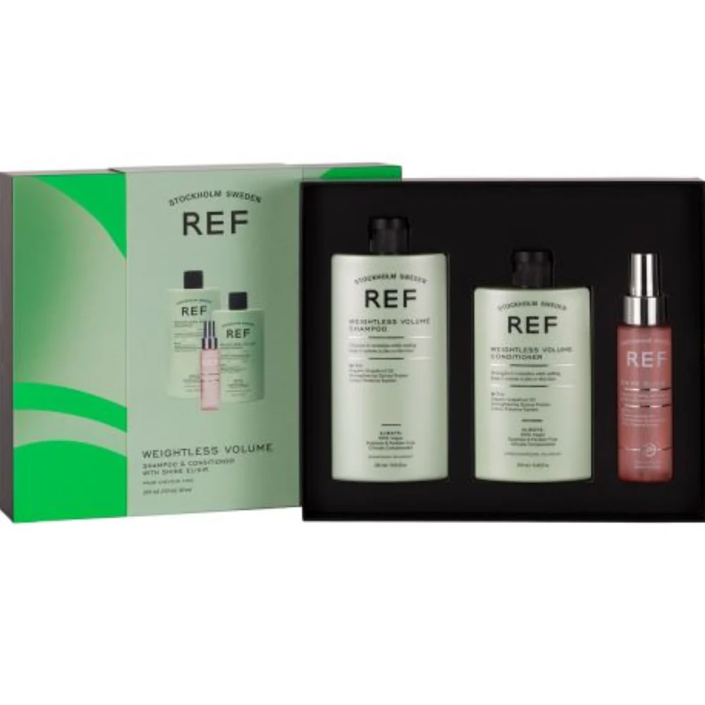 Confezione Regalo Set Rif Stoccolma: Shampoo Volume Leggero Texturizzante 285 ml + Balsamo Volume Leggero Levigante e Volume 245 ml + Lucido Elisir Siero per Capelli Ammorbidente 80 ml