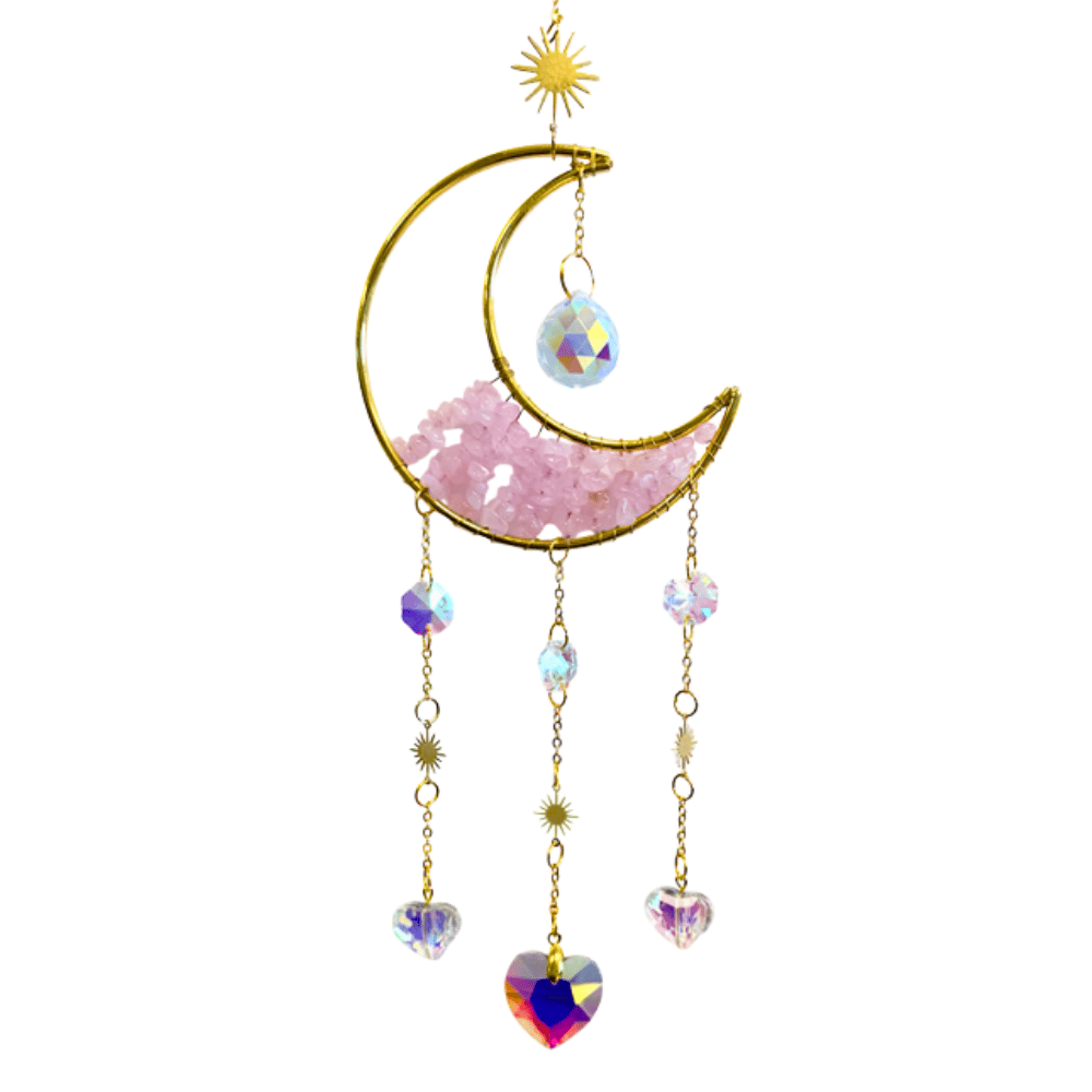 Acchiappasole Luna e Cuori in Quarzo Rosa – 47cm