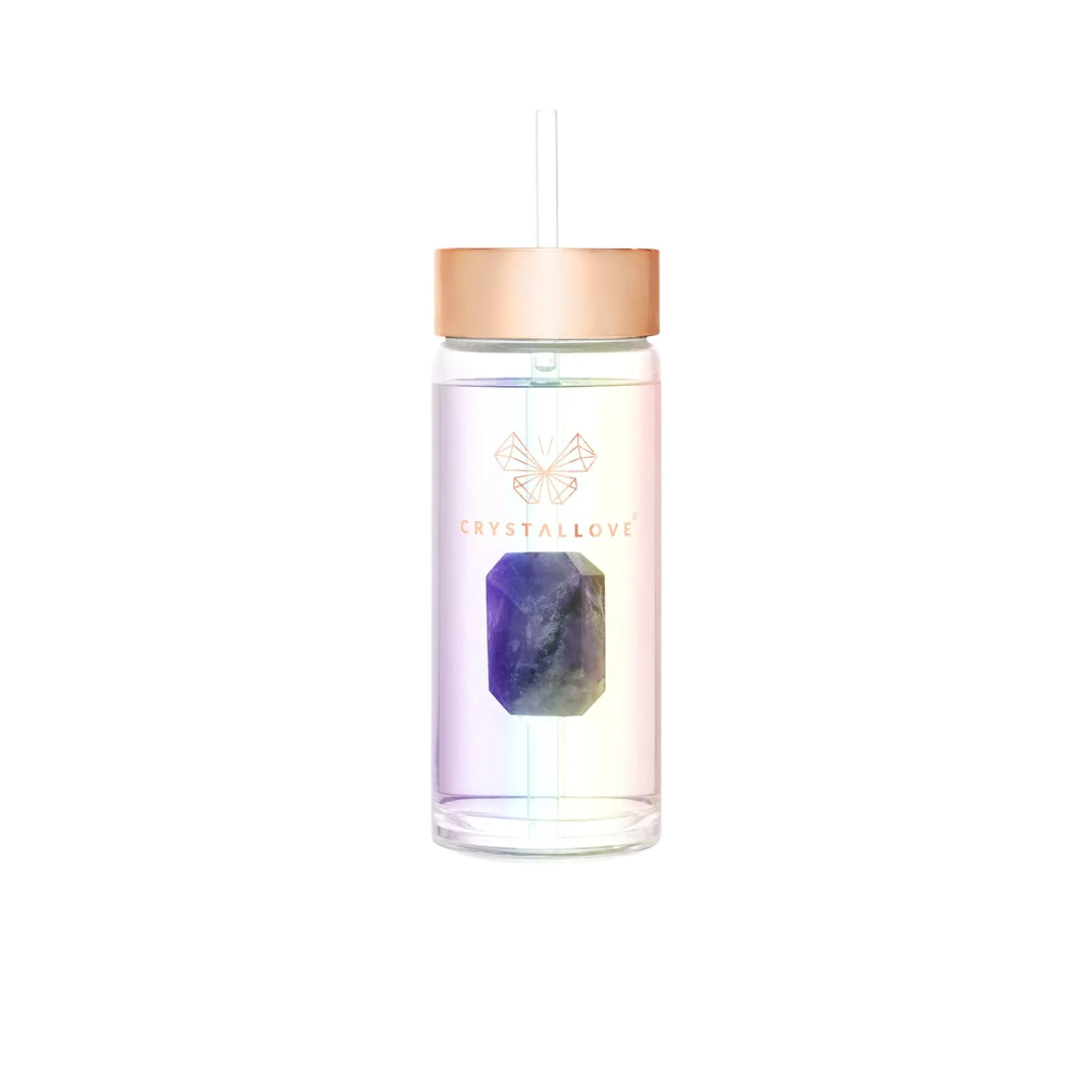 Crystallove Straw Water bottiglia d'acqua in vetro con cannuccia Amethyst 400 ml