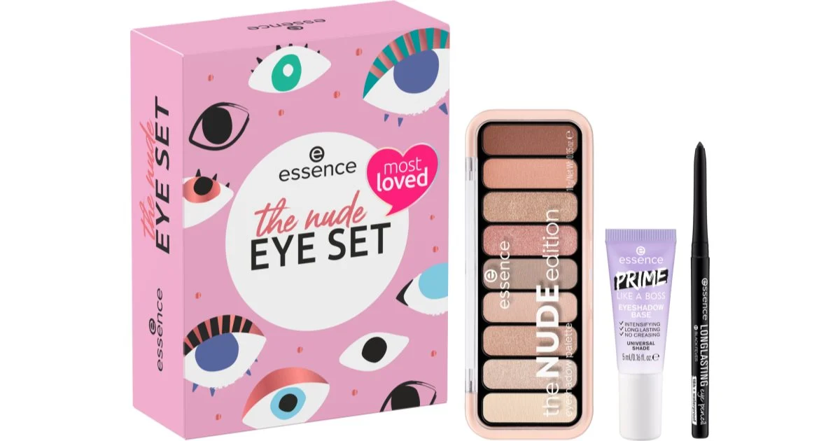 essence The Nude Eye Set confezione regalo per gli occhi palette di ombretti 10 g + primer per ombretto 5 ml + matita occhi 0.28 g lunga durata