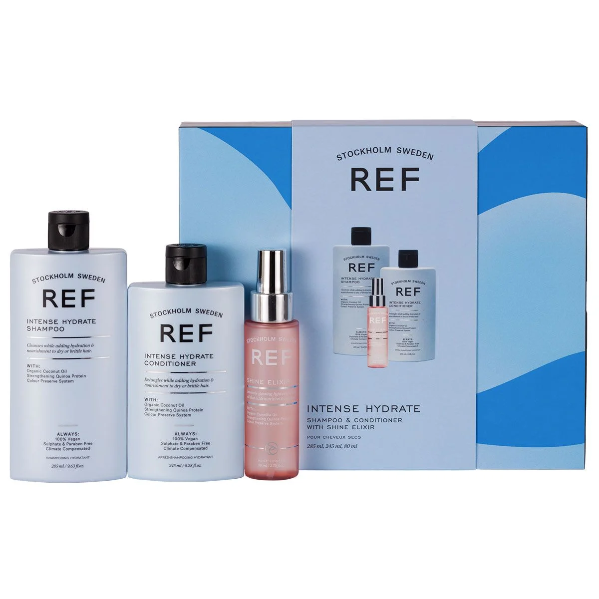 Confezione regalo Set Rif Stoccolma: Shampoo intensi per idratazione 285 ml + Balsamo per capelli 245 ml + Shine Siero per capelli Elixir ammorbidente 80 ml