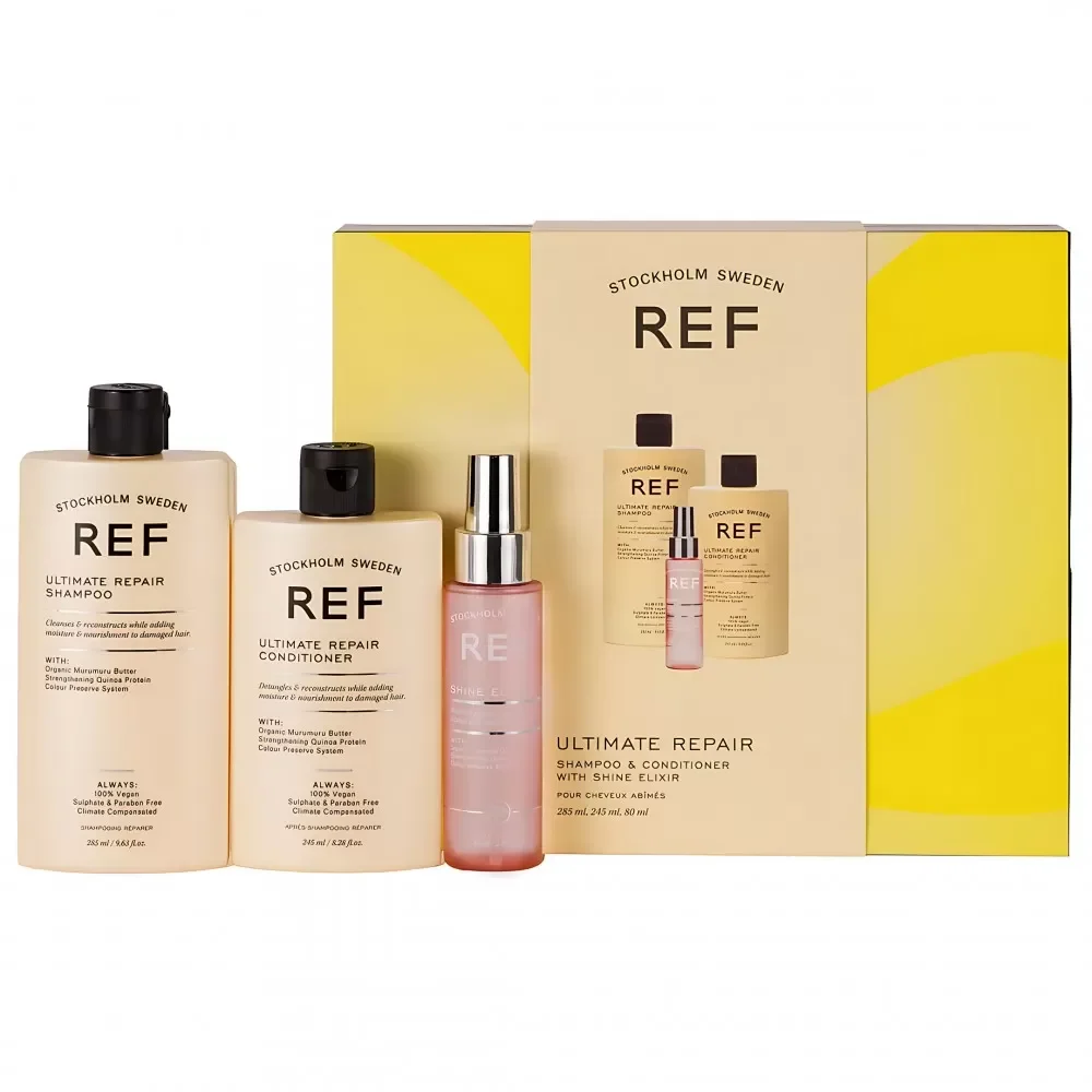 Confezione Regalo Set Rif Stoccolma: Ultimate Repair Shampoo Senza Solfati Riparazione e Rafforzamento 285 ml + Ultimate Repair Balsamo Senza Solfati per Idratare/Districare e Lucidare 245 ml + Shine ElixirSiero per capelli ammorbidente 80 ml