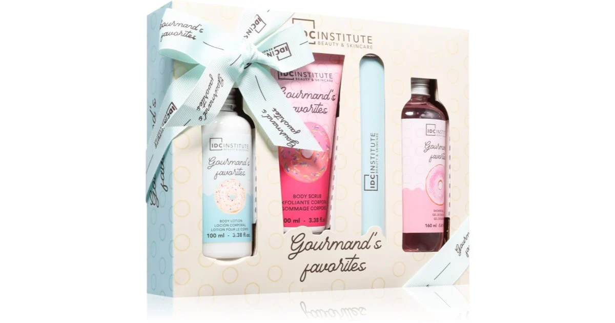 IDC Institute Gourmand's Favorites confezione regalo lima per unghie + docciaschiuma detergente 160 ml + esfoliante corpo 100 ml + crema corpo 100 ml