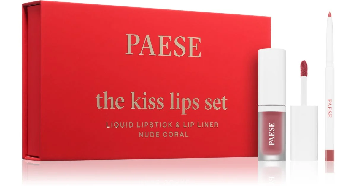 Paese The Kiss Lips Set Nude Coral confezione regalo colore 02 nude coral rossetto liquido matte 3,4 ml + matita contouring per le labbra 0,3 g