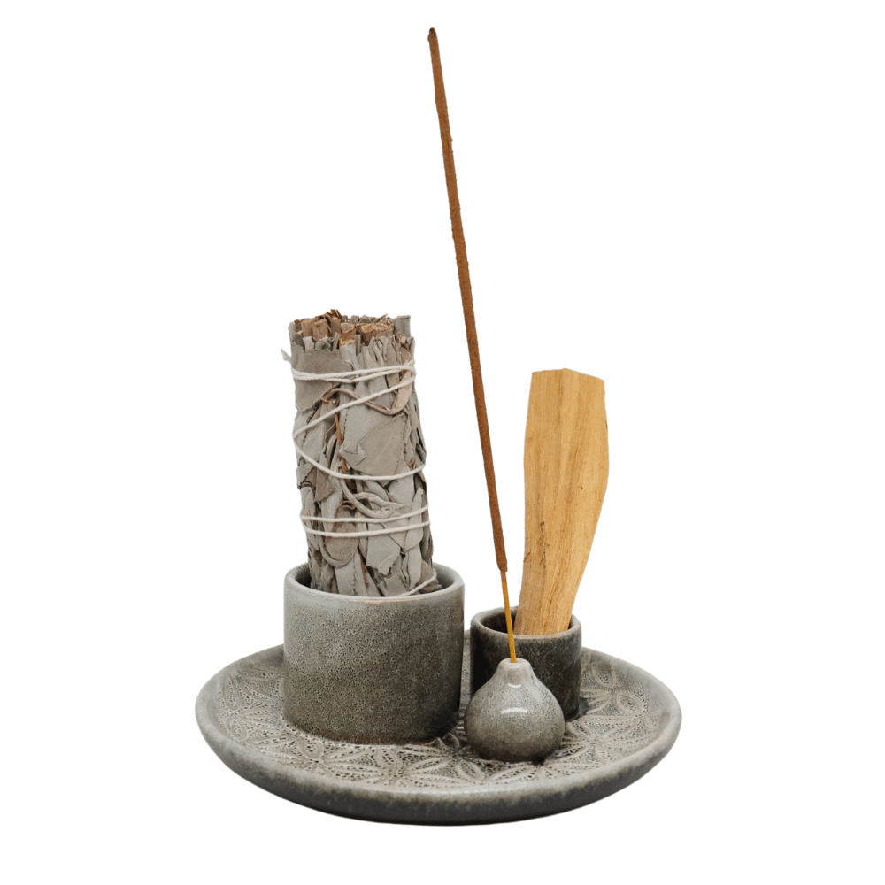 Porta Incenso 3 in 1 in Ceramica Beige – Fiori della Vita – 13 cm