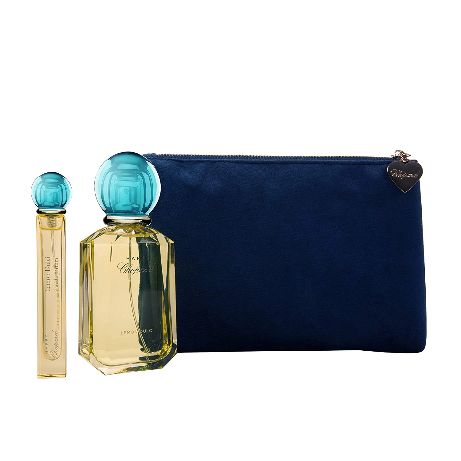 Happy Lemon Dulci Set Chopard: Happy Lemon Dulci, Eau De Parfum, da donna, 100 ml + trousse in tessuto, Blue + Happy Lemon Dulci, Eau De Parfum, da donna, 10 ml