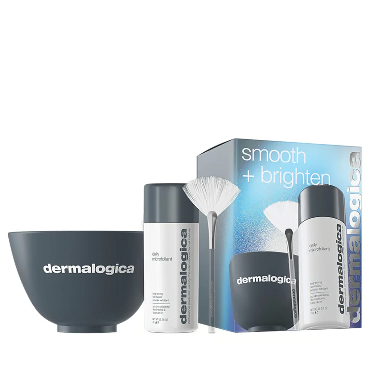Set Levigante + Illuminante Dermalogica: Polvere Esfoliante Microfoliante Giornaliera 74 g + Spazzola Multi Viso Fan Maschera + Ciotola Dermalogica Plastica Color Mixing Grigio
