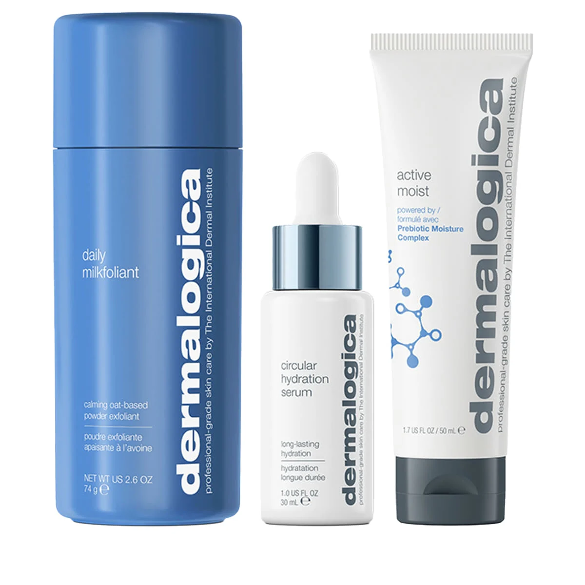 Set Liscio + Idratante Dermalogica: Polvere Esfoliante Quotidiana Latte 74 g + Prebiotici Idratanti Attivi Idratanti Crema Viso 50 ml + Siero Ialuronico di Idratazione Circolare Viso 30 ml