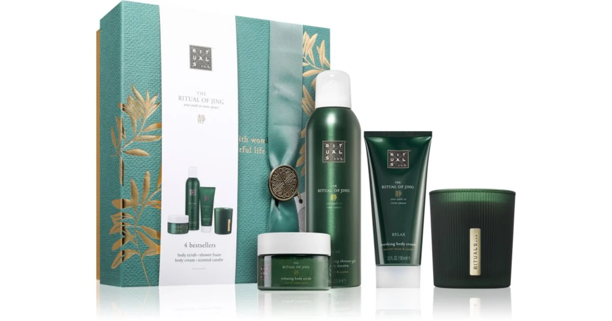 RITUALS The Ritual Of Jing confezione regalo da donna doccia schiuma 200 ml + candela profumata 140 g + scrub corpo allo zucchero 125 g + crema delicata corpo 100 ml