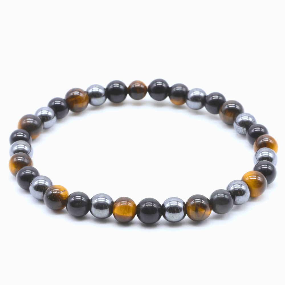 Bracciale Tripla Protezione – Ossidiana Nera, Ematite, Occhio di Tigre – 6 mm